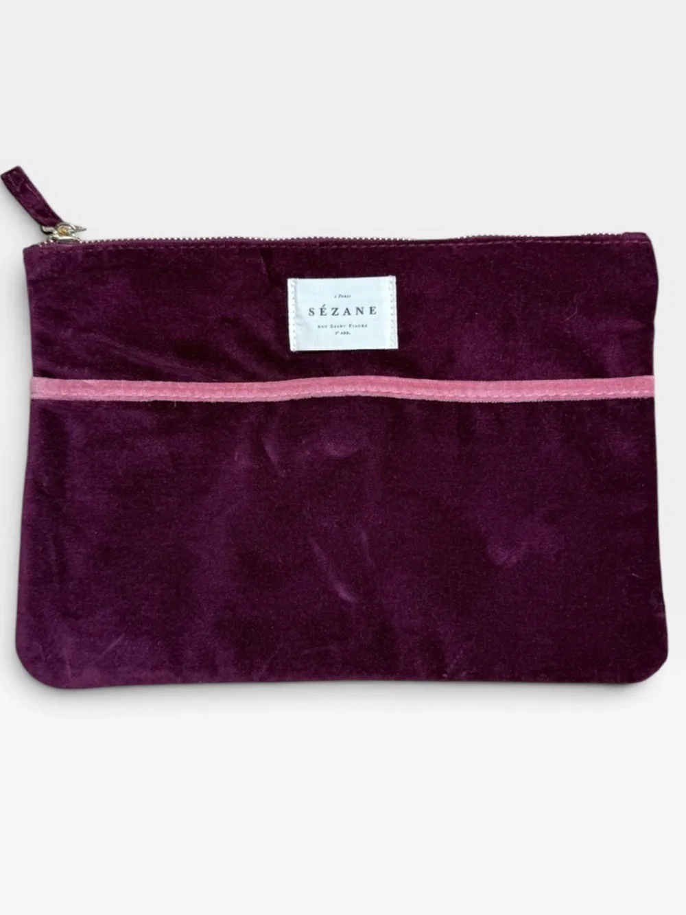 Sézane Burgundy Velour Zip Pouch Makeup Clutch Bag
